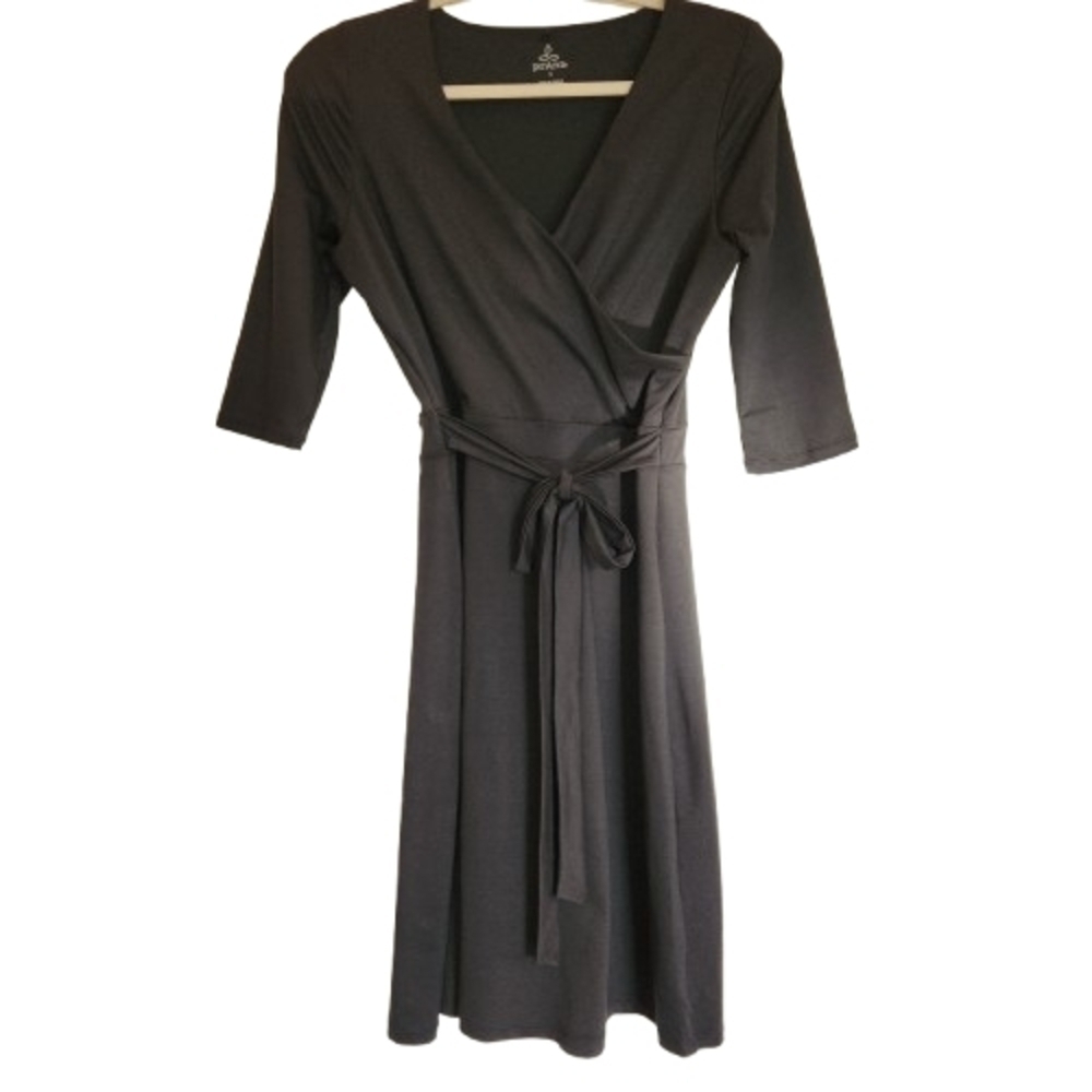 Prana LBD Faux Wrap Dress With Tie Size S Crossover V-Neck 3/4 Sleeve Stretchy